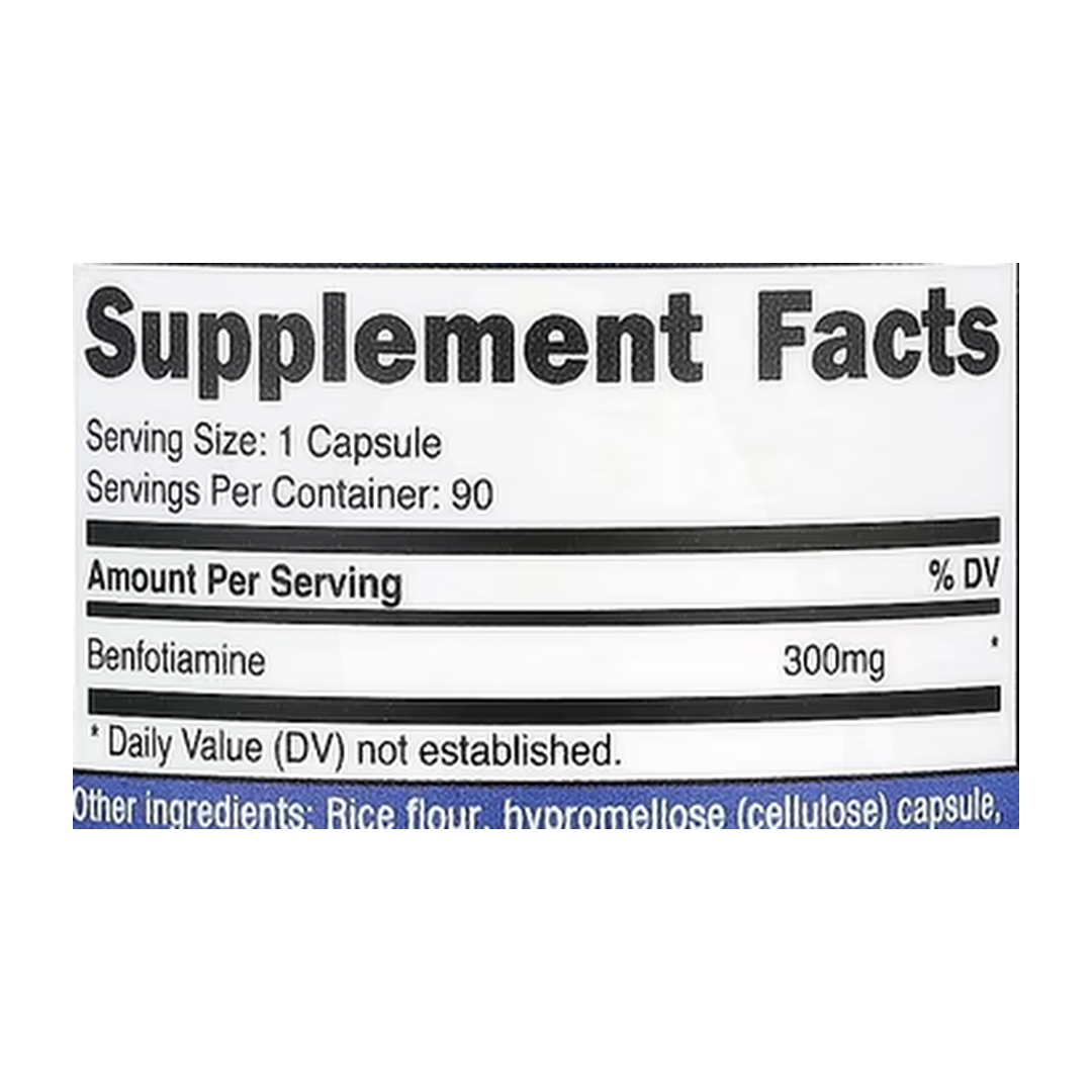 Nutricost, Benfotiamine, 300 mg, 90 Capsules supplement facts label showing ingredients, vitamins, minerals, and serving information