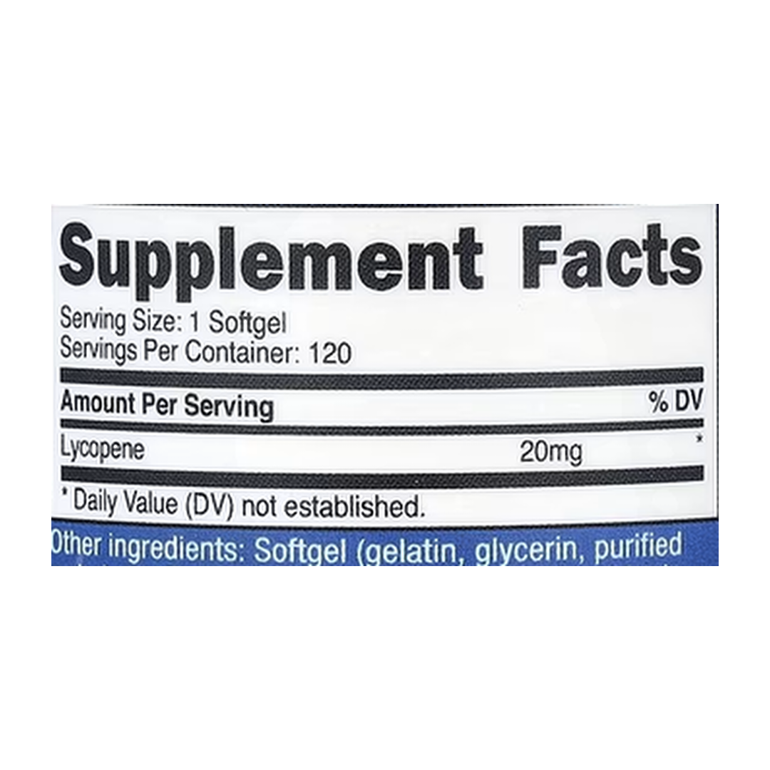 Nutricost, Lycopene, 20 mg, 120 Softgels supplement facts label showing ingredients, vitamins, minerals, and serving information