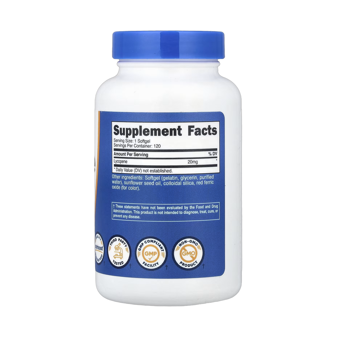 Nutricost, Lycopene, 20 mg, 120 Softgels back packaging view