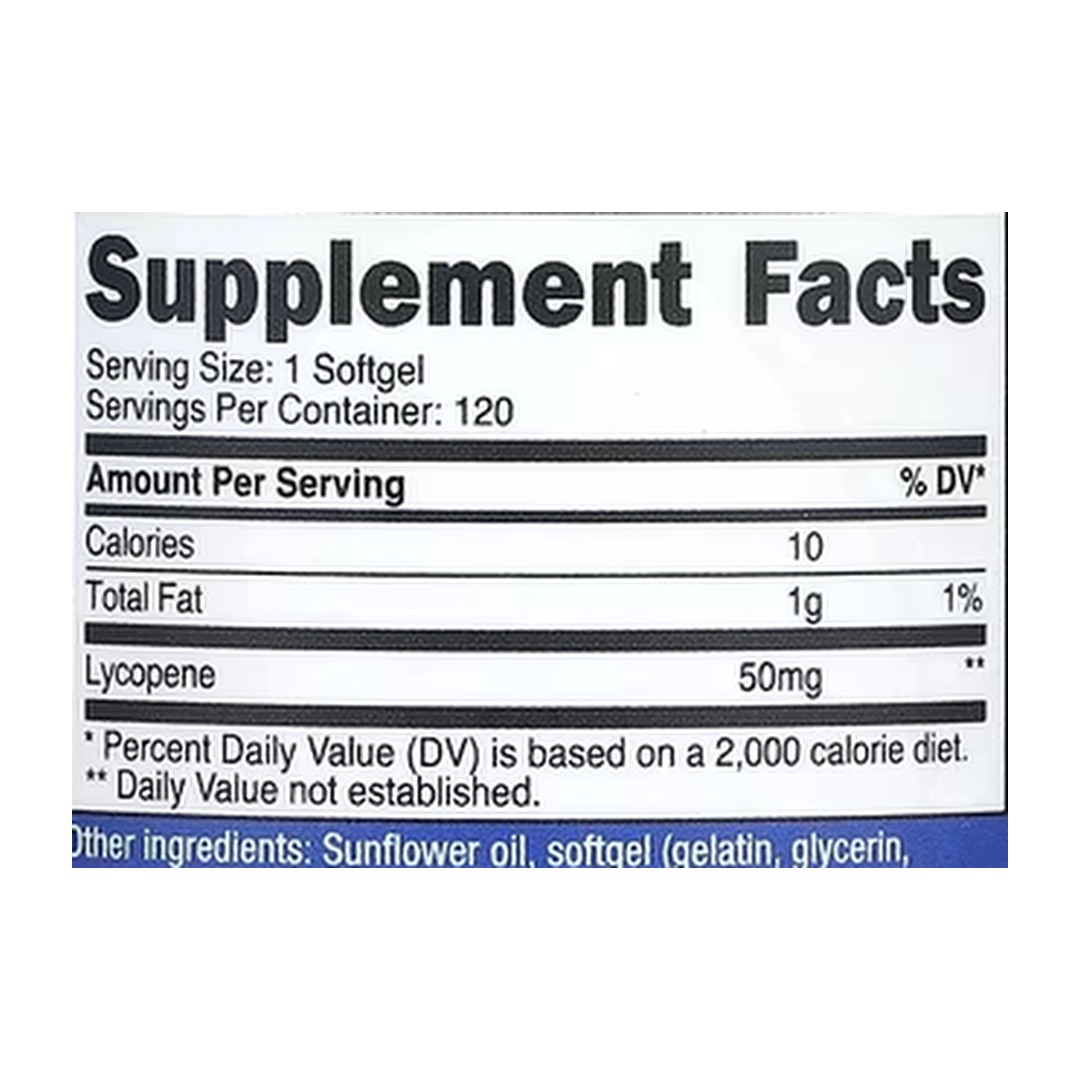 Nutricost, Lycopene, 50 mg, 120 Softgels supplement facts label showing ingredients, vitamins, minerals, and serving information