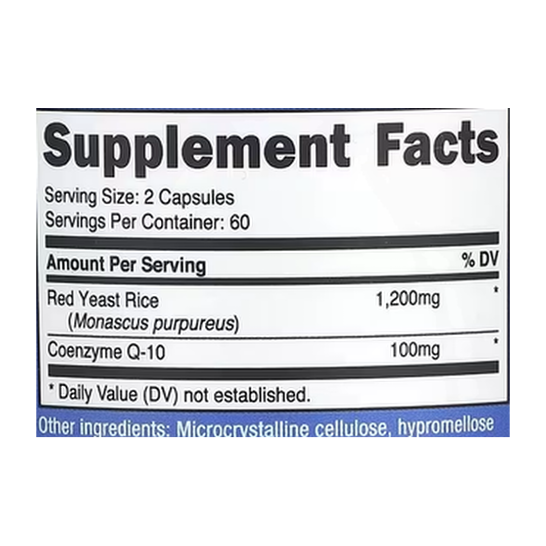 Nutricost, Red Yeast Rice With CoQ10, 120 Capsules supplement facts label showing ingredients, vitamins, minerals, and serving information