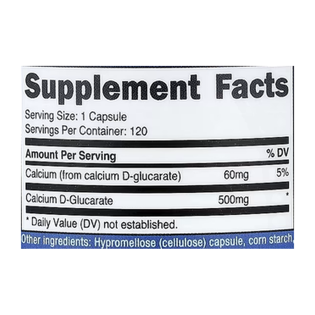 Nutricost, Calcium D-Glucarate, 500 mg, 120 Capsules supplement facts label showing ingredients, vitamins, minerals, and serving information