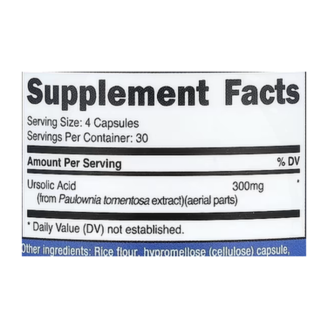 Nutricost, Performance, Ursolic Acid, 120 Capsules supplement facts label showing ingredients, vitamins, minerals, and serving information