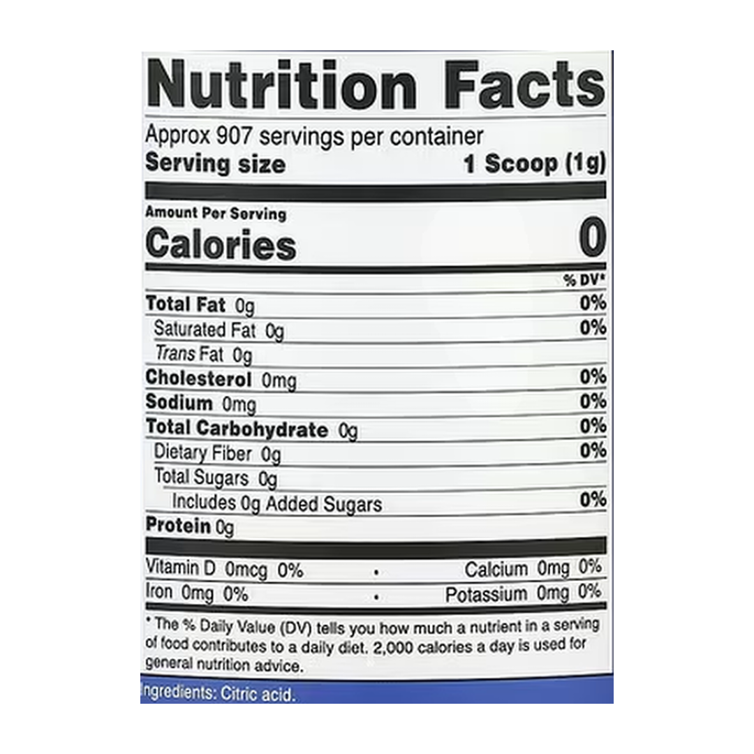 Nutricost, Citric Acid, Unflavored, 32 oz, 907 g supplement facts label showing ingredients, vitamins, minerals, and serving information