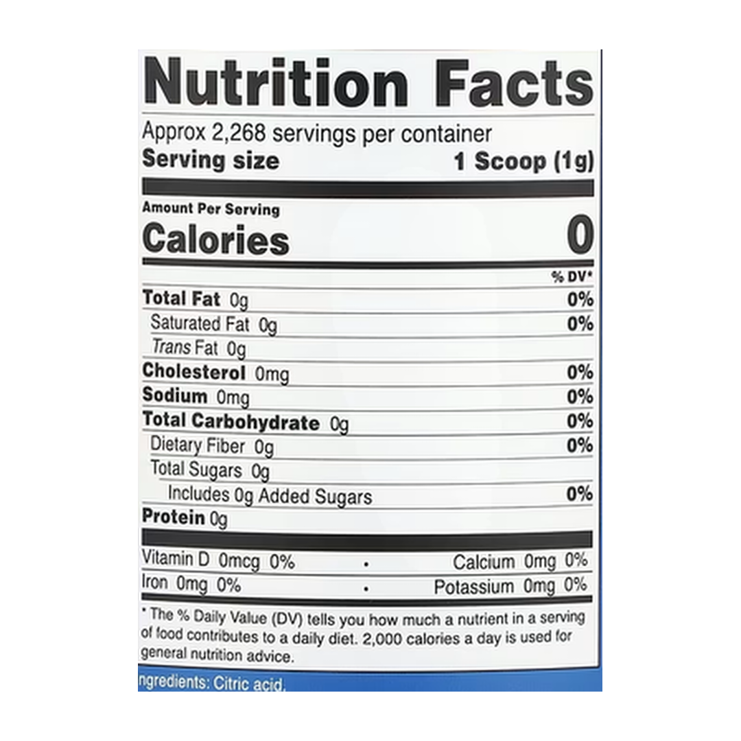 Nutricost, Citric Acid, Unflavored, 5 lb, 2,268 g supplement facts label showing ingredients, vitamins, minerals, and serving information