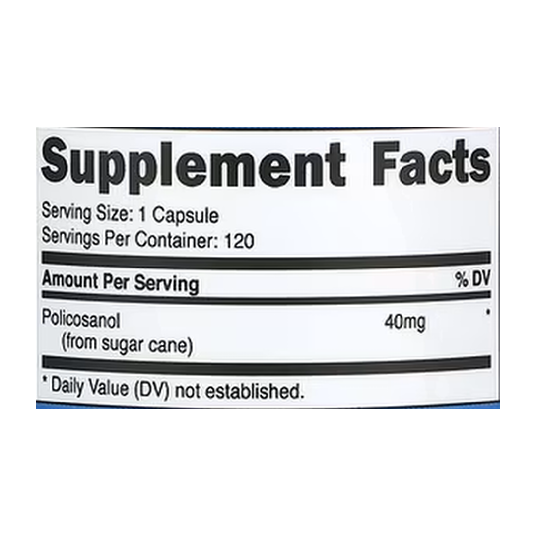 Nutricost, Policosanol, 40 mg, 120 Capsules supplement facts label showing ingredients, vitamins, minerals, and serving information