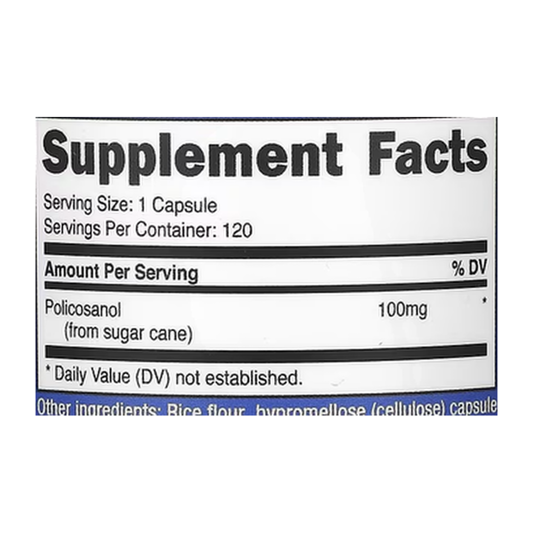 Nutricost, Policosanol, 100 mg, 120 Capsules supplement facts label showing ingredients, vitamins, minerals, and serving information
