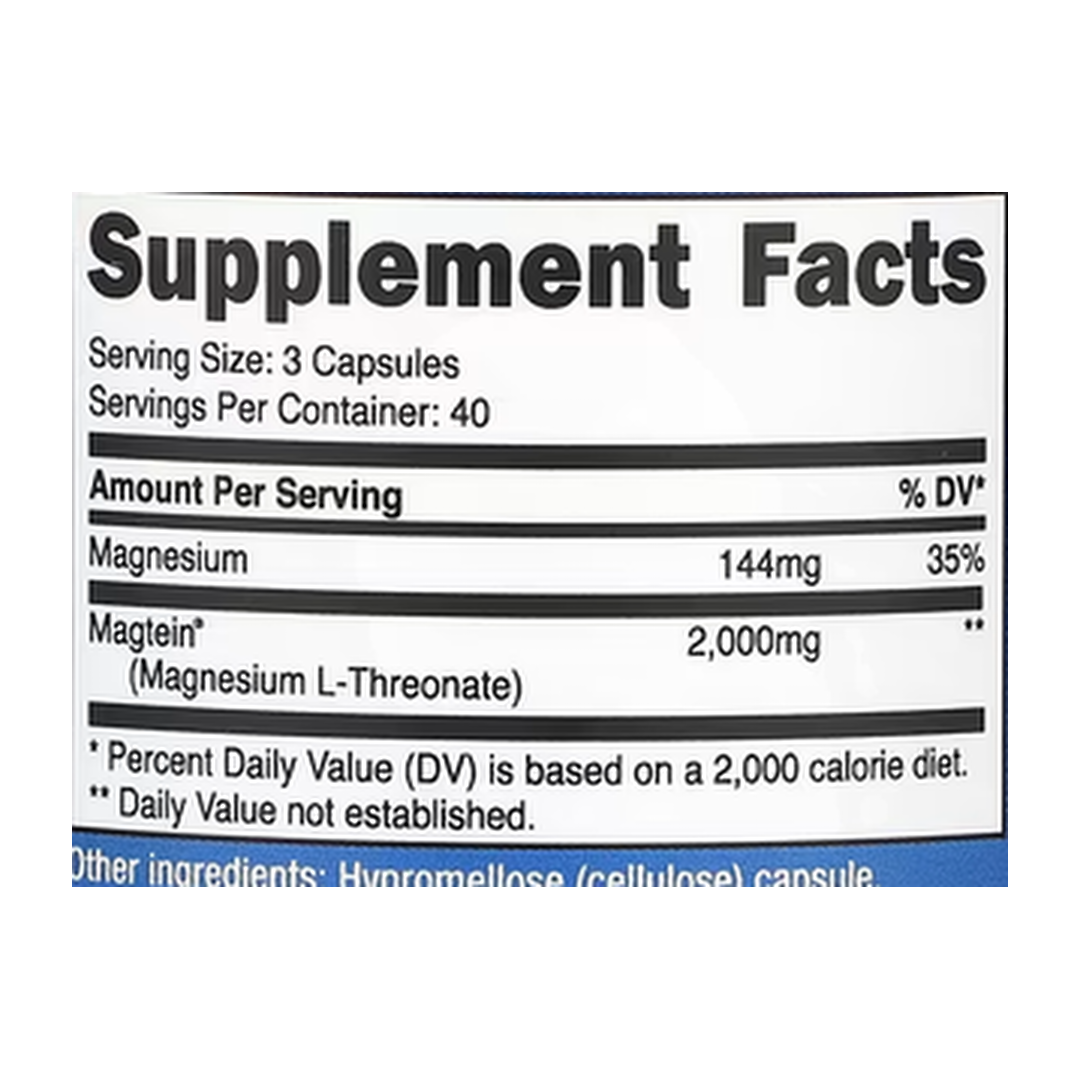 Nutricost, Magtein®, Magnesium L-Threonate, 120 Capsules supplement facts label showing ingredients, vitamins, minerals, and serving information