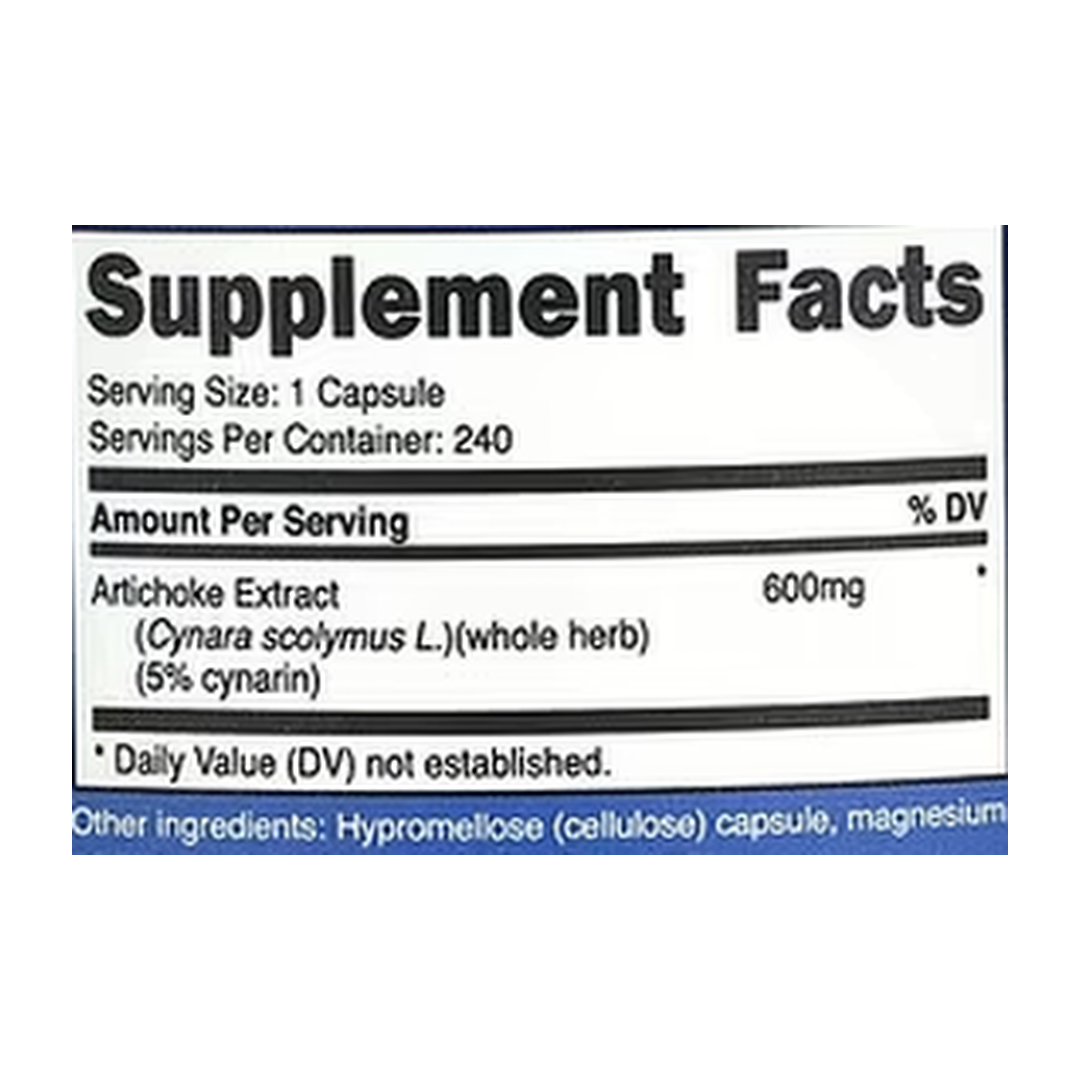 Nutricost, Artichoke Extract, 600 mg, 240 Capsules supplement facts label showing ingredients, vitamins, minerals, and serving information