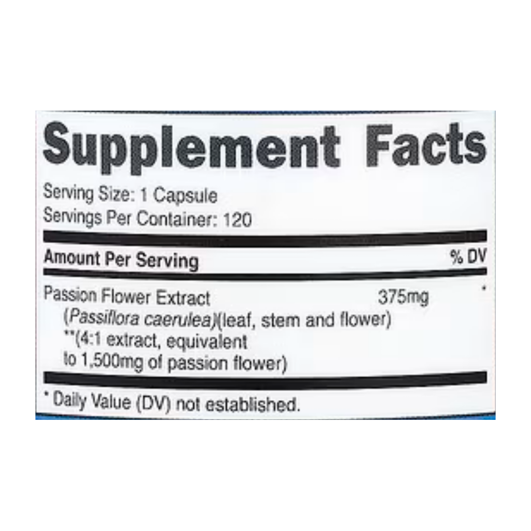 Nutricost, Passion Flower Extract, 1,500 mg, 120 Capsules supplement facts label showing ingredients, vitamins, minerals, and serving information