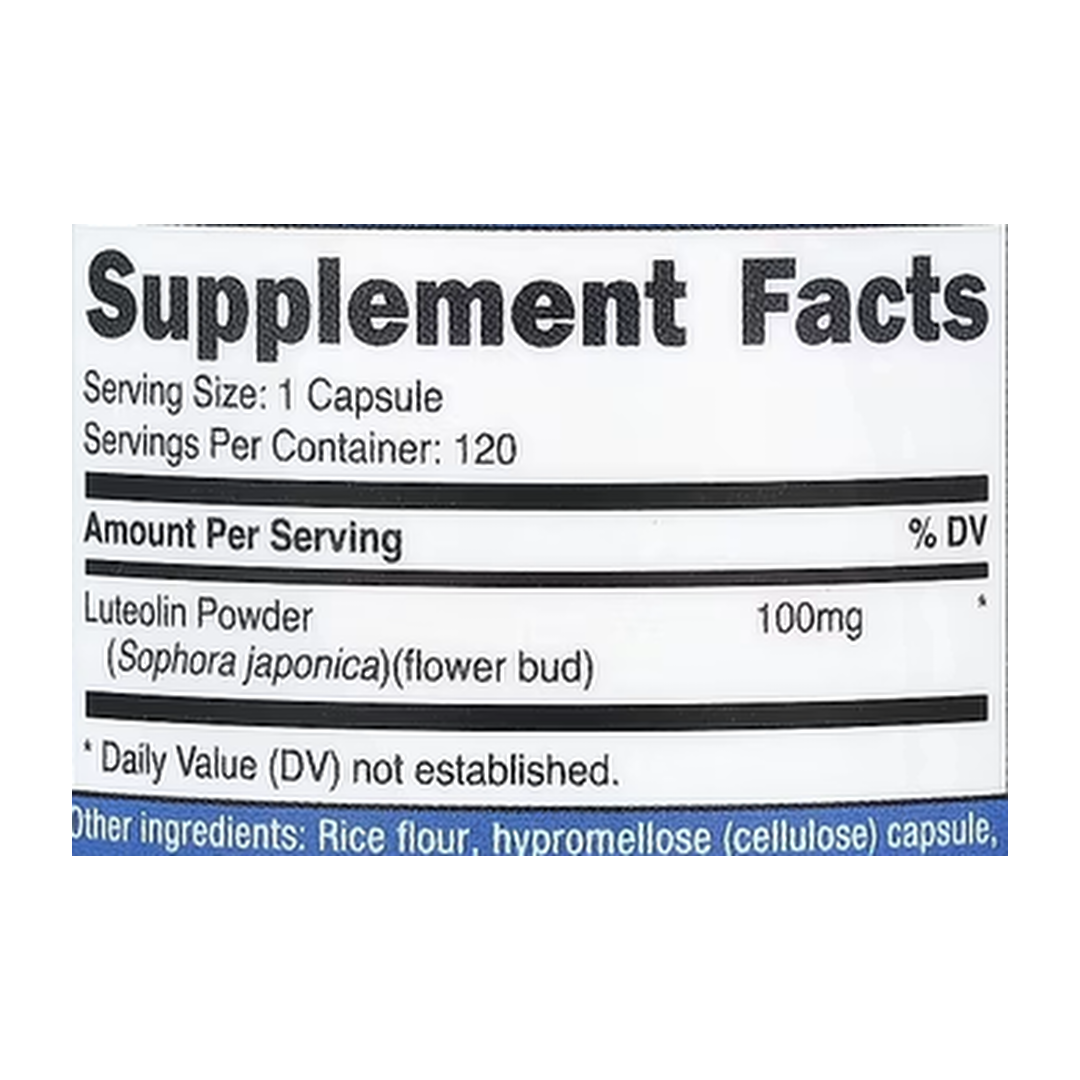 Nutricost, Luteolin, 100 mg, 120 Capsules supplement facts label showing ingredients, vitamins, minerals, and serving information