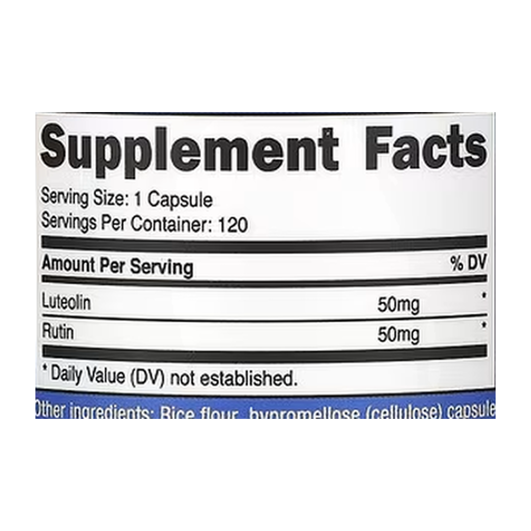 Nutricost, Luteolin With Rutin, 50 mg, 120 Capsules supplement facts label showing ingredients, vitamins, minerals, and serving information