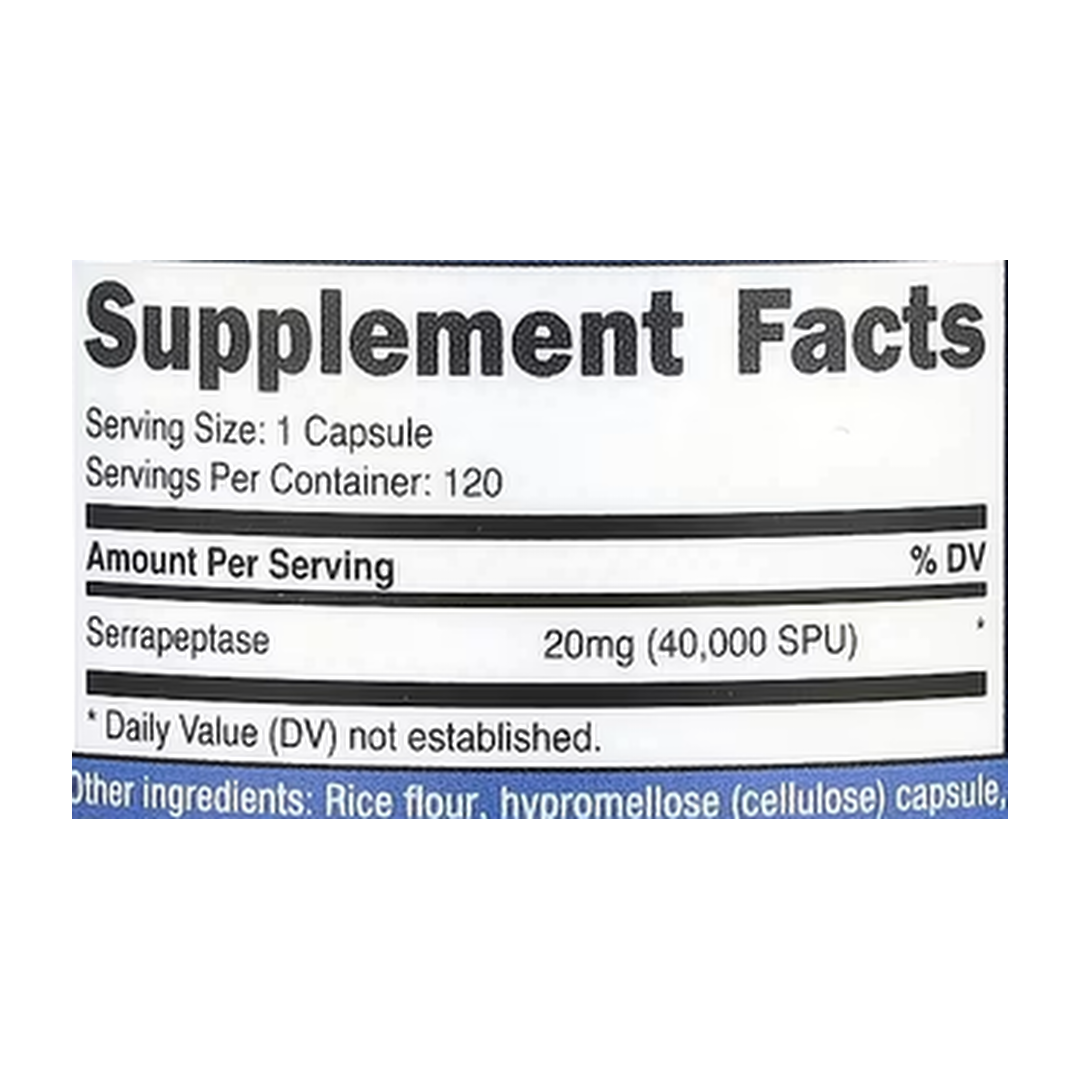 Nutricost, Serrapeptase, 20 mg, 120 Capsules supplement facts label showing ingredients, vitamins, minerals, and serving information