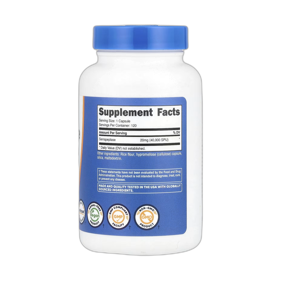 Nutricost, Serrapeptase, 20 mg, 120 Capsules back packaging view