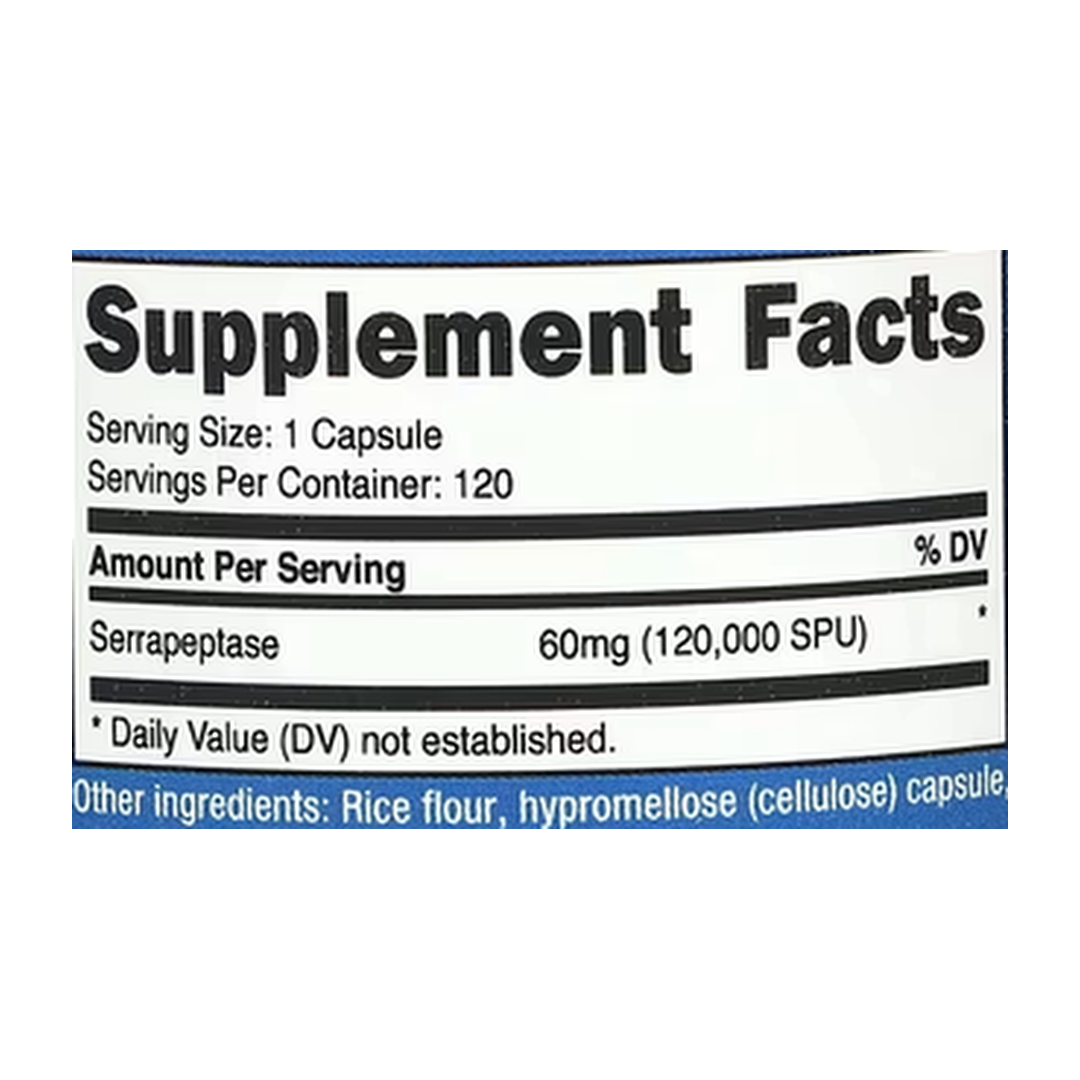 Nutricost, Serrapeptase, 60 mg (120,000 SPU), 120 Capsules supplement facts label showing ingredients, vitamins, minerals, and serving information