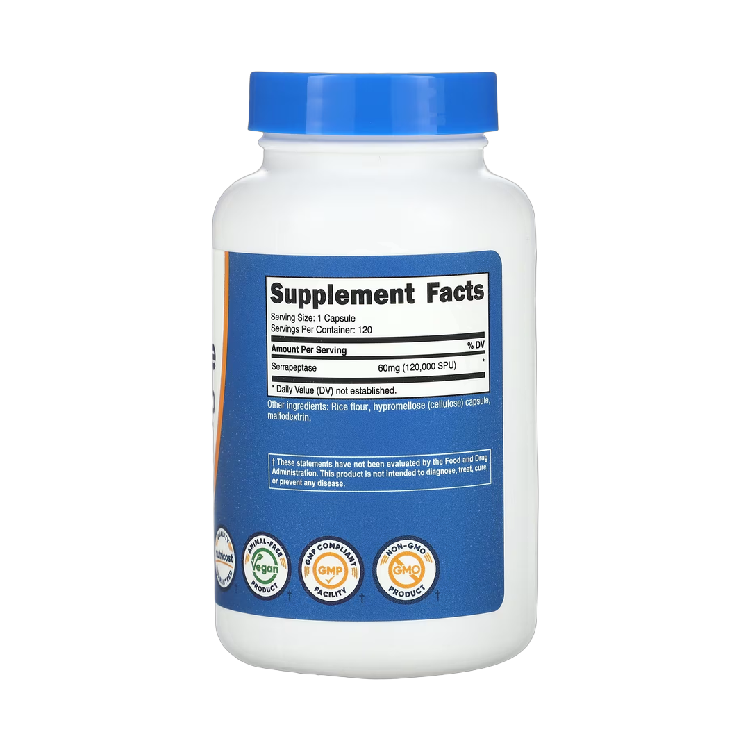Nutricost, Serrapeptase, 60 mg (120,000 SPU), 120 Capsules back packaging view
