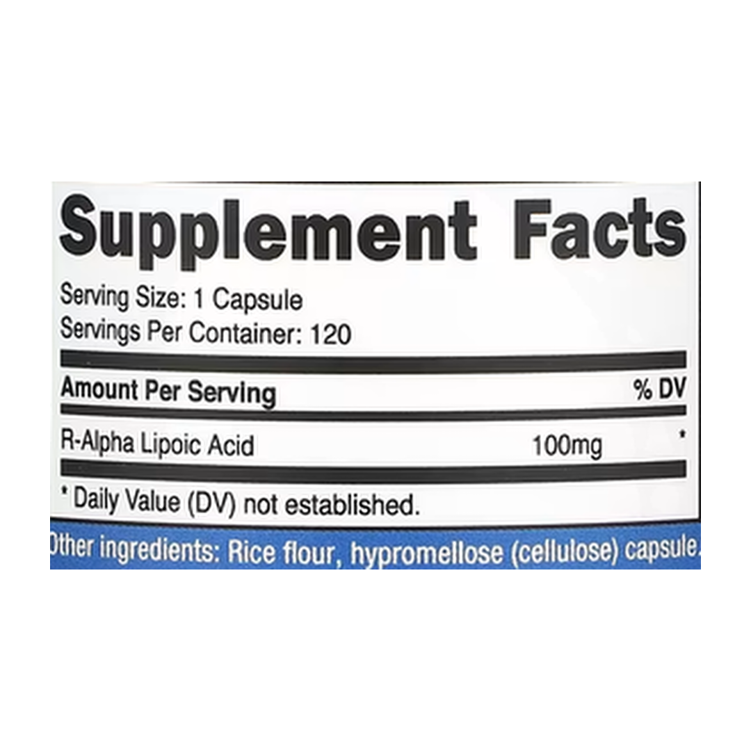 Nutricost, R-Alpha Lipoic Acid , 100 mg , 120 Capsules supplement facts label showing ingredients, vitamins, minerals, and serving information