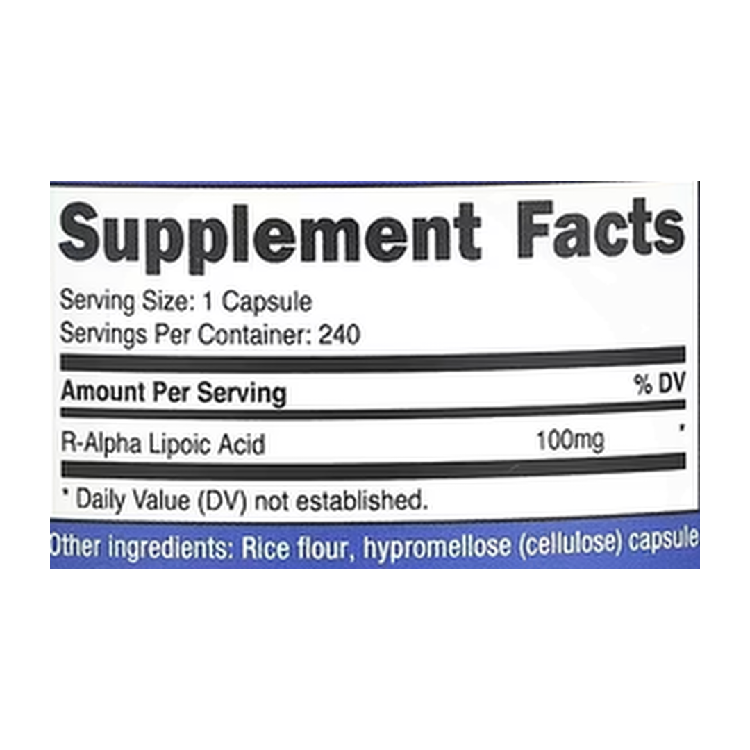 Nutricost, R-Alpha Lipoic Acid, 100 mg, 240 Capsules supplement facts label showing ingredients, vitamins, minerals, and serving information