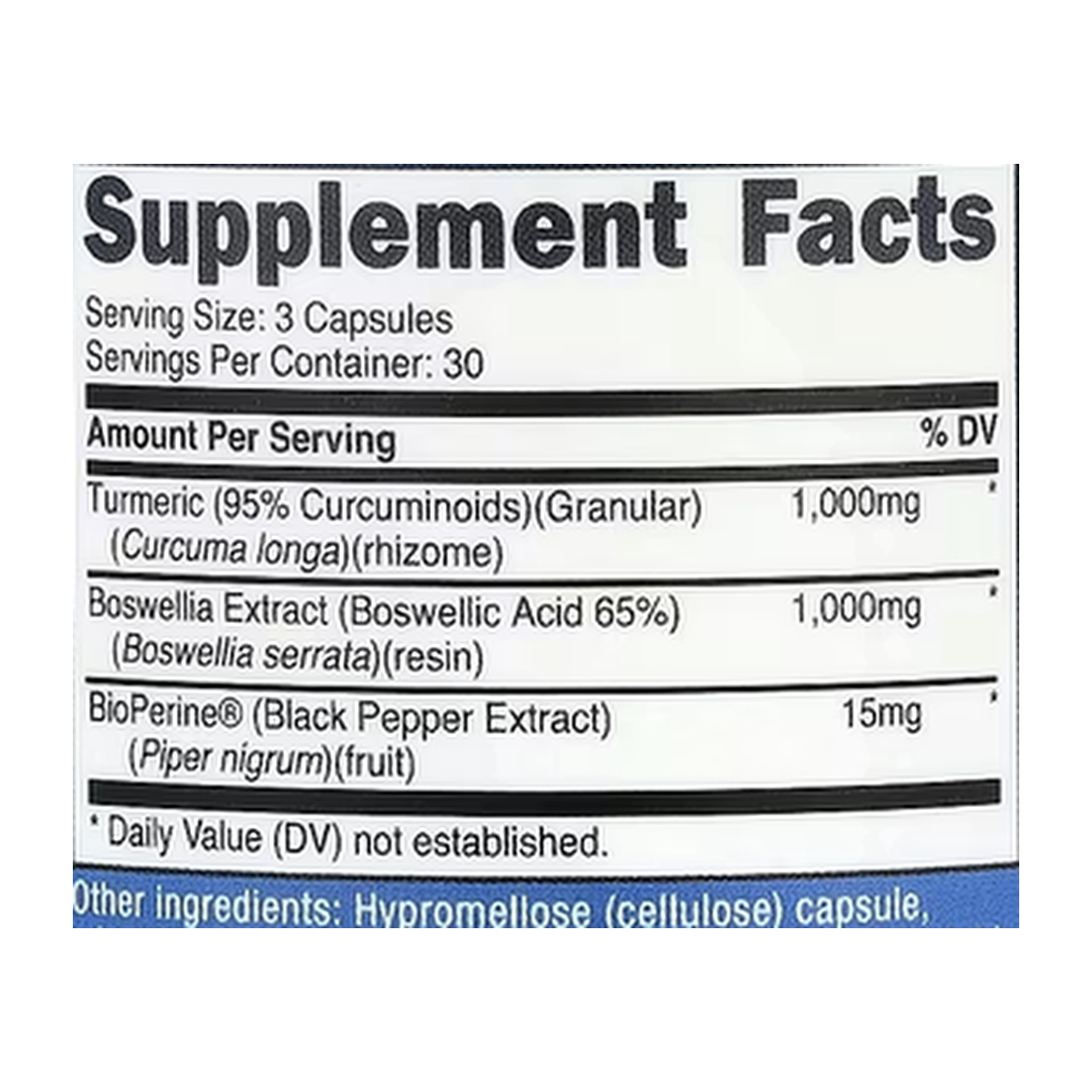 Nutricost, Turmeric + Boswellia, 90 Capsules supplement facts label showing ingredients, vitamins, minerals, and serving information