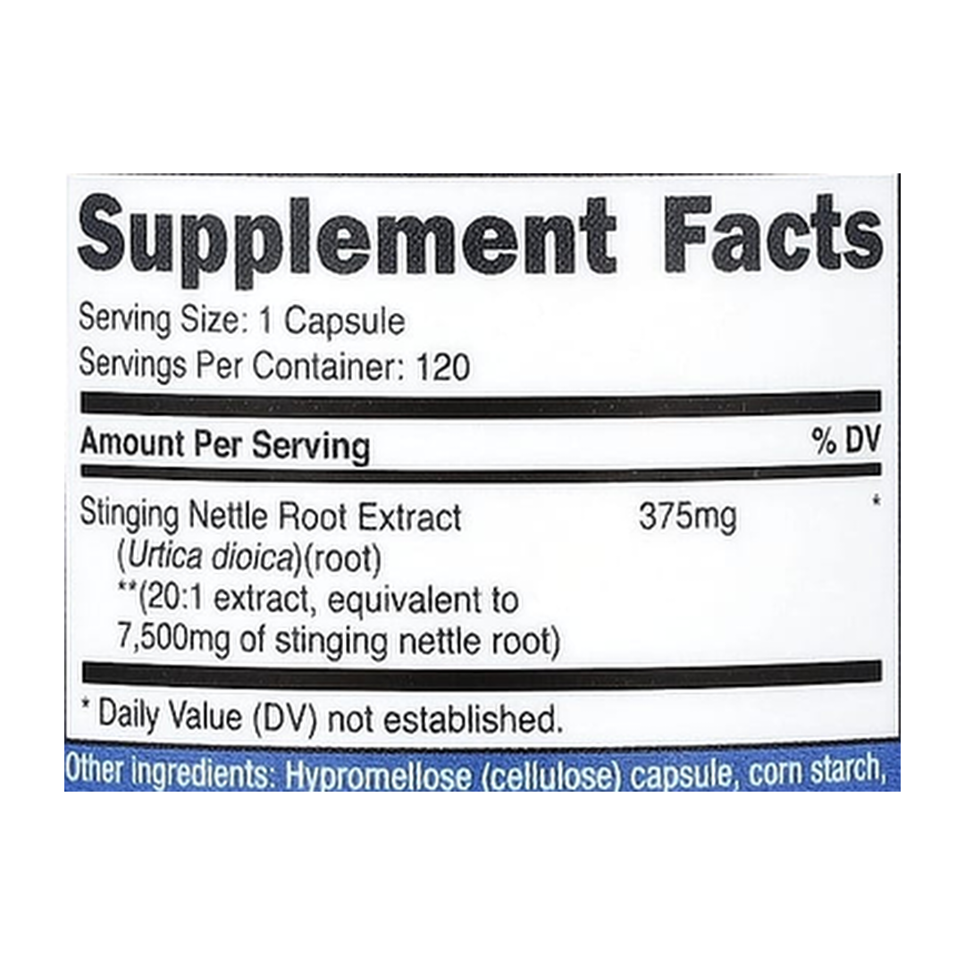 Nutricost, Stinging Nettle Root Extract, 120 Capsules supplement facts label showing ingredients, vitamins, minerals, and serving information