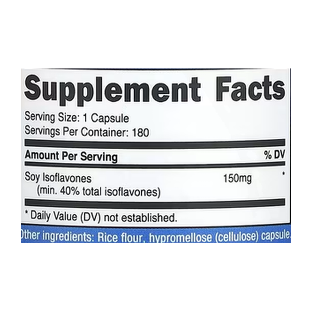 Nutricost, Soy Isoflavones, 150 mg, 180 Capsules supplement facts label showing ingredients, vitamins, minerals, and serving information
