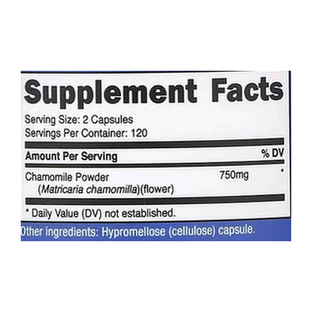 Nutricost, Chamomile, 240 Capsules supplement facts label showing ingredients, vitamins, minerals, and serving information