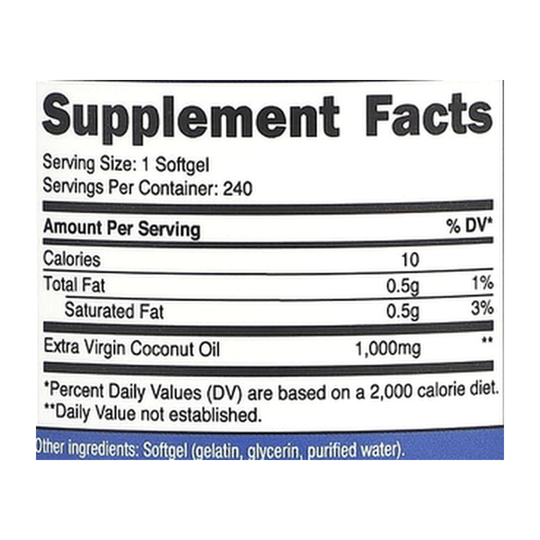 Nutricost, Extra Virgin Coconut Oil, 1,000 mg, 240 Capsules supplement facts label showing ingredients, vitamins, minerals, and serving information
