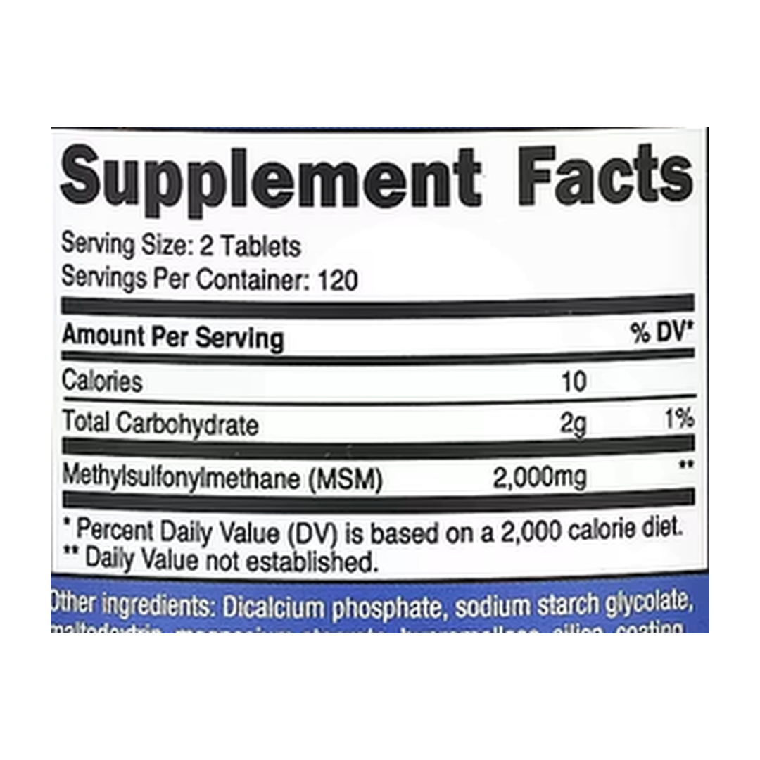 Nutricost, MSM, 240 Tablets supplement facts label showing ingredients, vitamins, minerals, and serving information