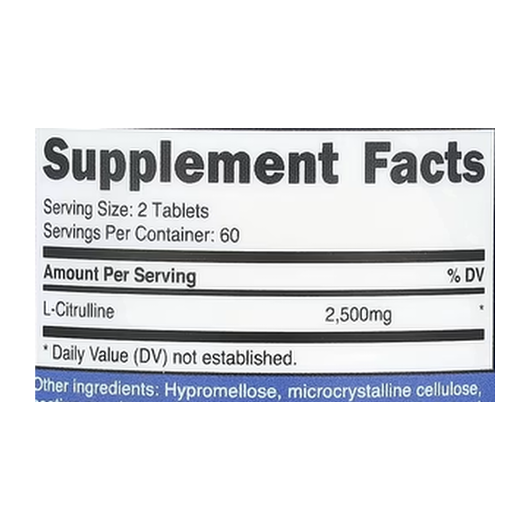 Nutricost, L-Citrulline, 120 Tablets supplement facts label showing ingredients, vitamins, minerals, and serving information