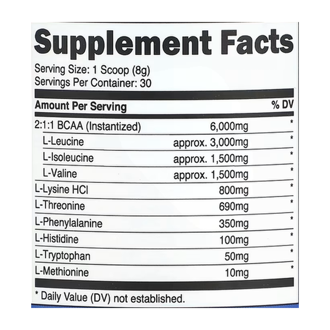 Nutricost, Performance, EAA, Unflavored, 8.9 oz, 249 g supplement facts label showing ingredients, vitamins, minerals, and serving information