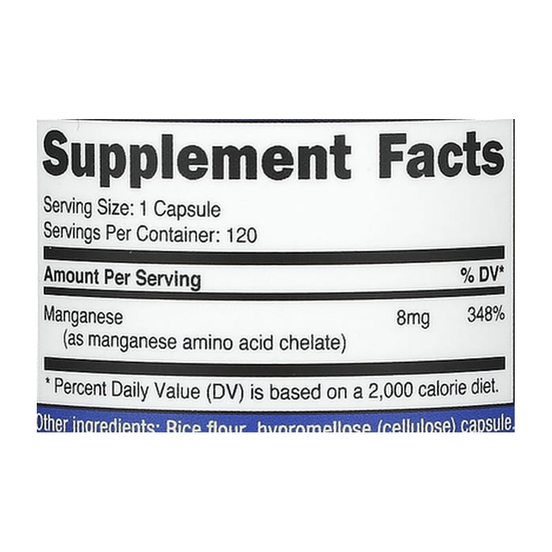 Nutricost, Manganese, 8 mg, 120 Capsules supplement facts label showing ingredients, vitamins, minerals, and serving information