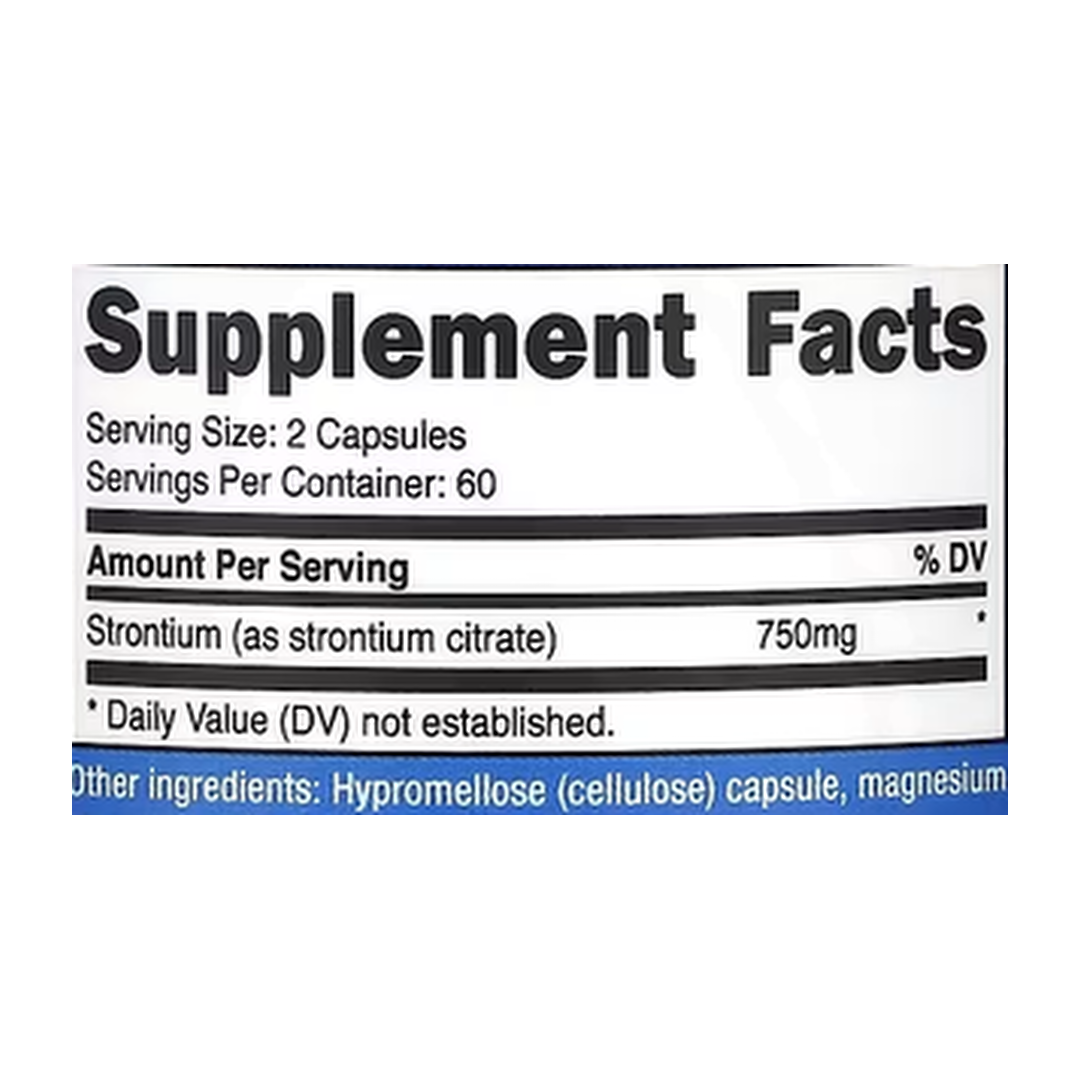 Nutricost, Strontium, 120 Capsules supplement facts label showing ingredients, vitamins, minerals, and serving information