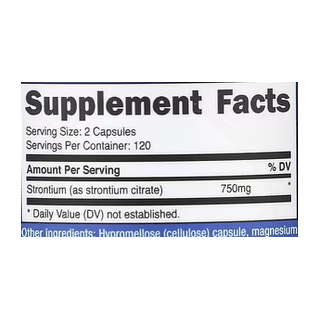 Nutricost, Strontium, 240 Capsules supplement facts label showing ingredients, vitamins, minerals, and serving information