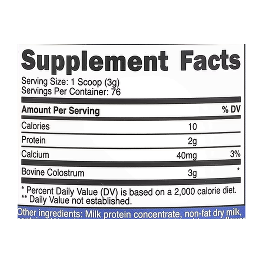 Nutricost, Colostrum, Unflavored, 8 oz, 227 g supplement facts label showing ingredients, vitamins, minerals, and serving information