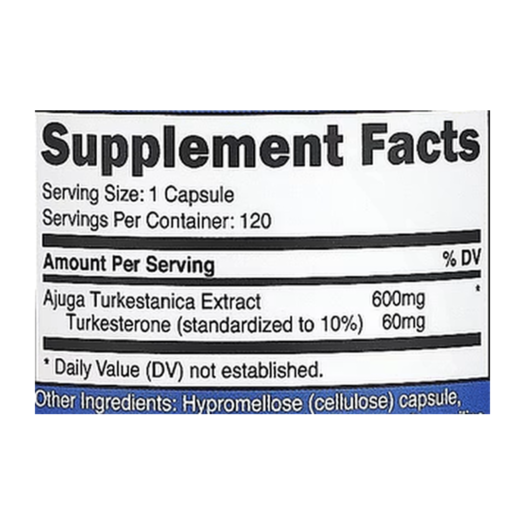 Nutricost, Performance, Turkesterone, 600 mg, 120 Capsules supplement facts label showing ingredients, vitamins, minerals, and serving information