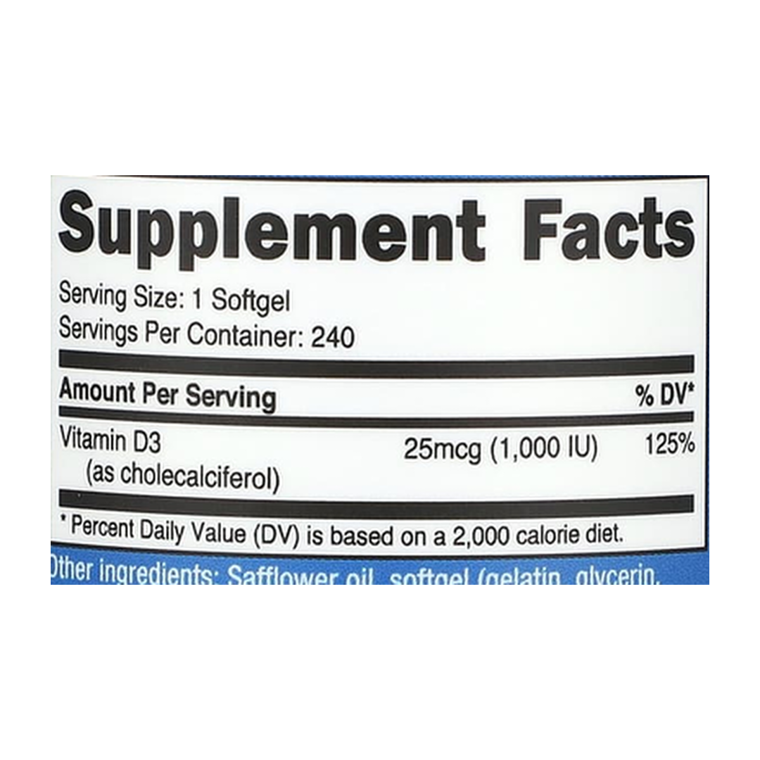 Nutricost, Vitamin D3, 1,000 IU, 240 Softgels supplement facts label showing ingredients, vitamins, minerals, and serving information