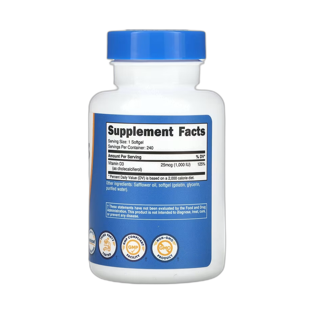 Nutricost, Vitamin D3, 1,000 IU, 240 Softgels back packaging view