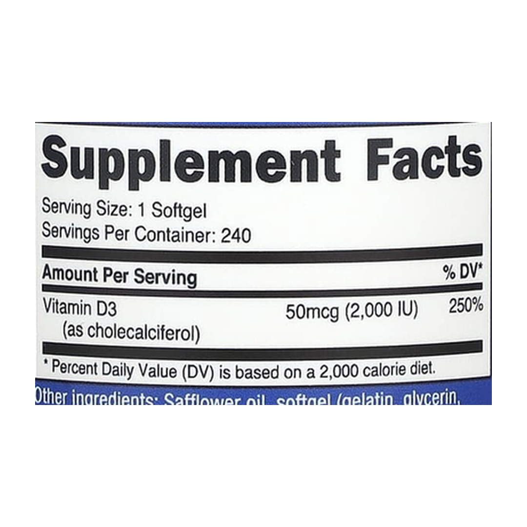 Nutricost, Vitamin D3, 2,000 IU, 240 Softgels supplement facts label showing ingredients, vitamins, minerals, and serving information