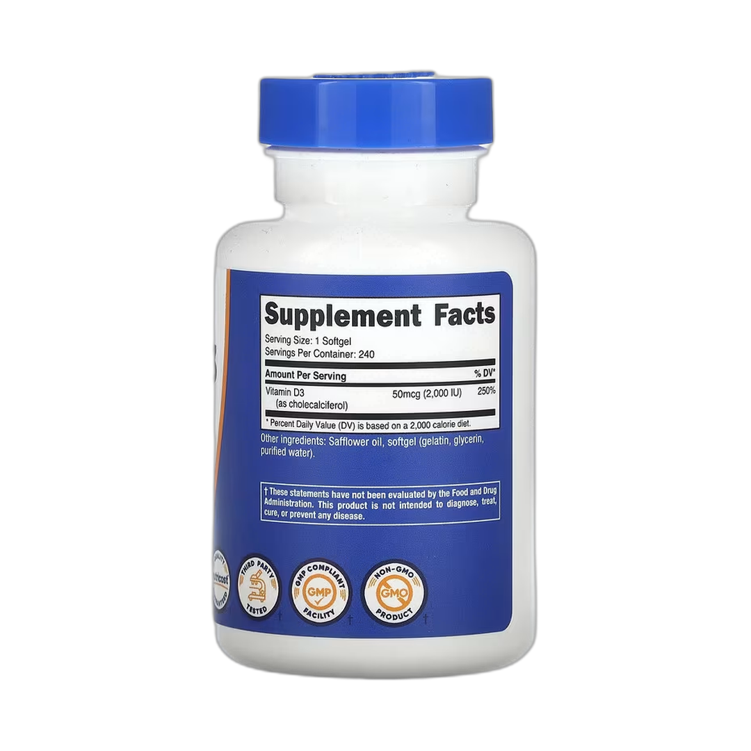 Nutricost, Vitamin D3, 2,000 IU, 240 Softgels back packaging view