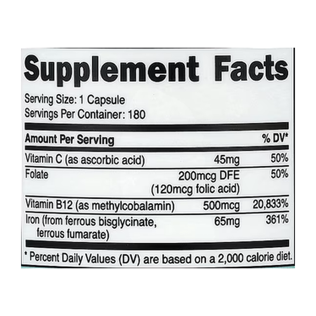 Nutricost, Women, Iron With Vitamin C, Folate, & Vitamin B12, 180 Capsules supplement facts label showing ingredients, vitamins, minerals, and serving information