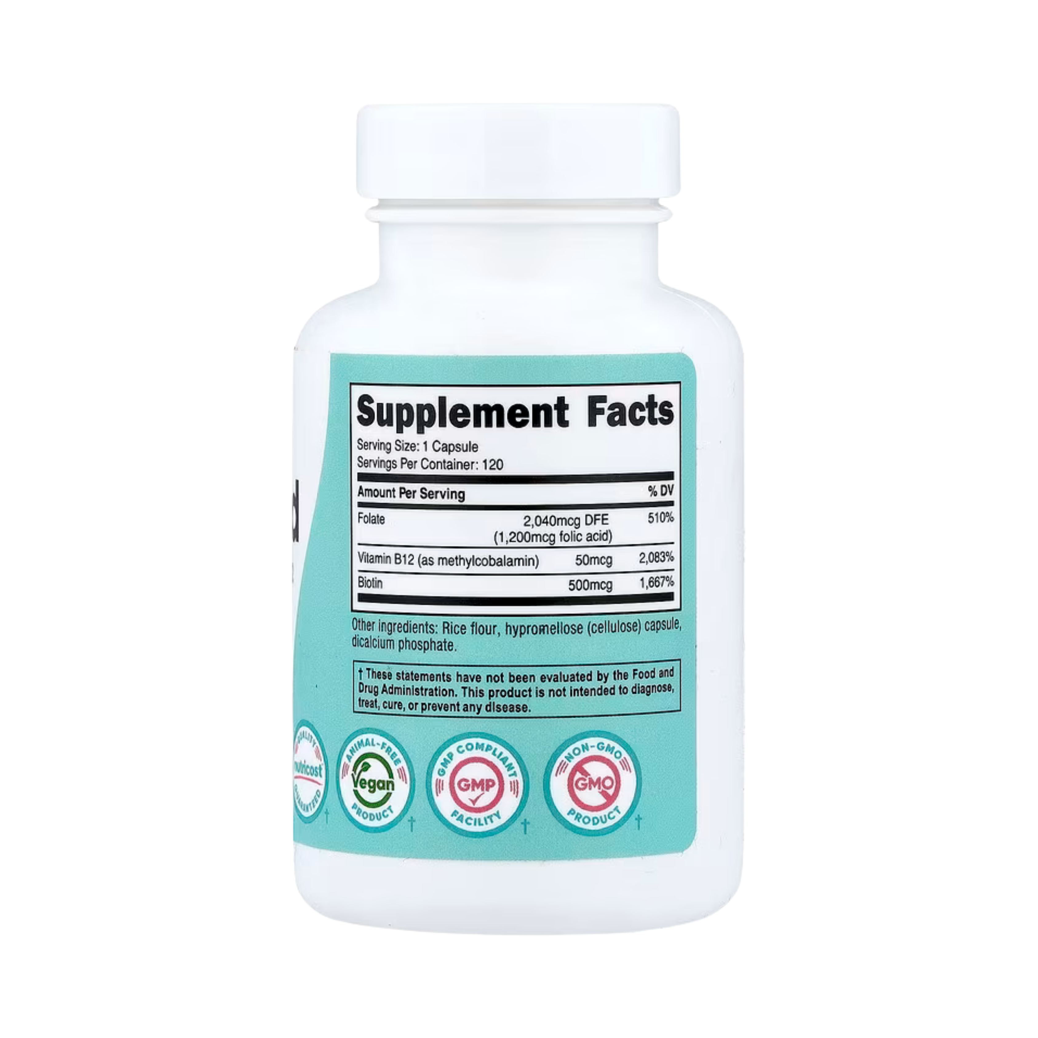 Nutricost, Women, Folic Acid with Biotin & Vitamin B12, 120 Capsules back packaging view