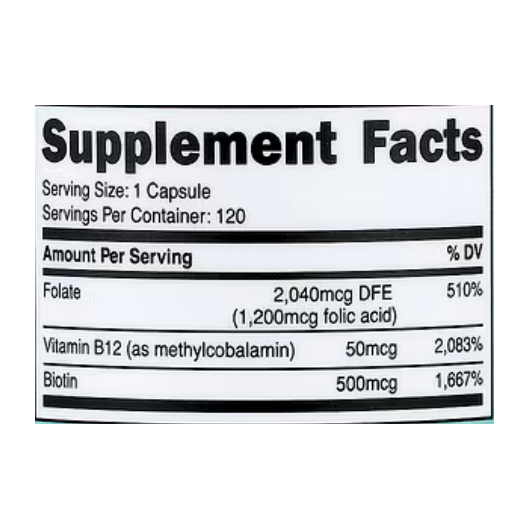 Nutricost, Women, Folic Acid with Biotin & Vitamin B12, 120 Capsules supplement facts label showing ingredients, vitamins, minerals, and serving information