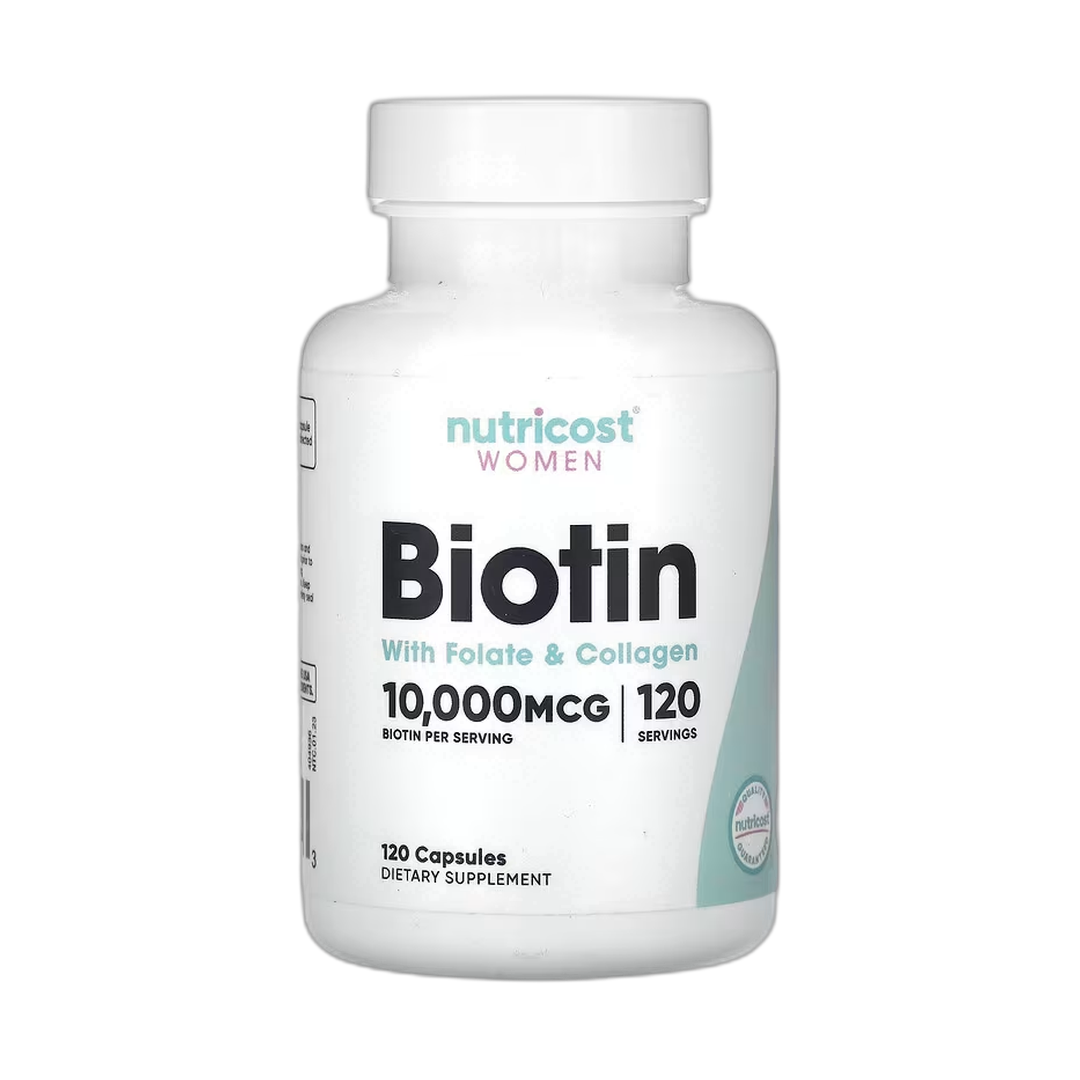 Nutricost, Women, Biotin With Folate & Collagen, 10,000 mcg, 120 Capsules front packaging view