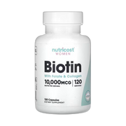 Nutricost, Women, Biotin With Folate & Collagen, 10,000 mcg, 120 Capsules front packaging view