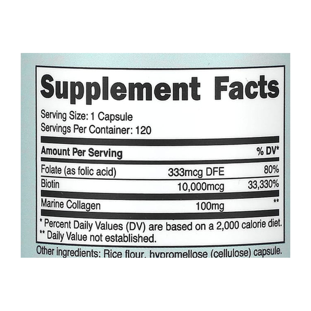 Nutricost, Women, Biotin With Folate & Collagen, 10,000 mcg, 120 Capsules supplement facts label showing ingredients, vitamins, minerals, and serving information