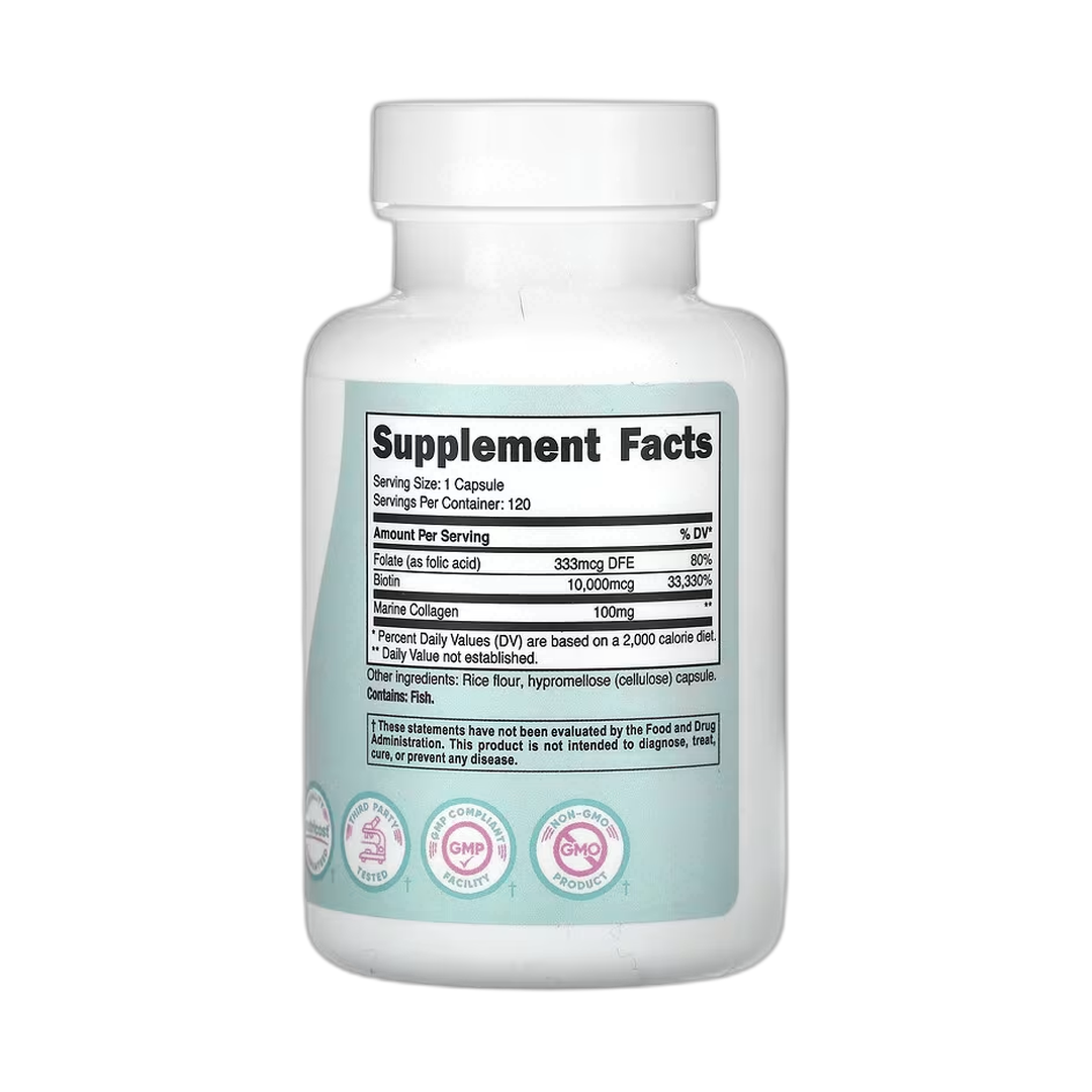 Nutricost, Women, Biotin With Folate & Collagen, 10,000 mcg, 120 Capsules back packaging view