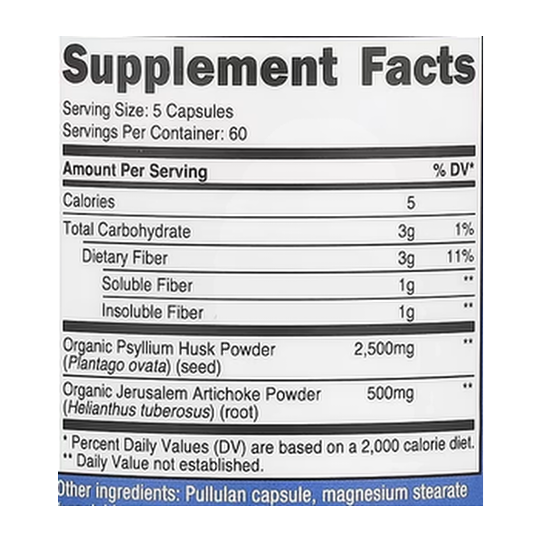 Nutricost, Fiber, 300 Capsules supplement facts label showing ingredients, vitamins, minerals, and serving information