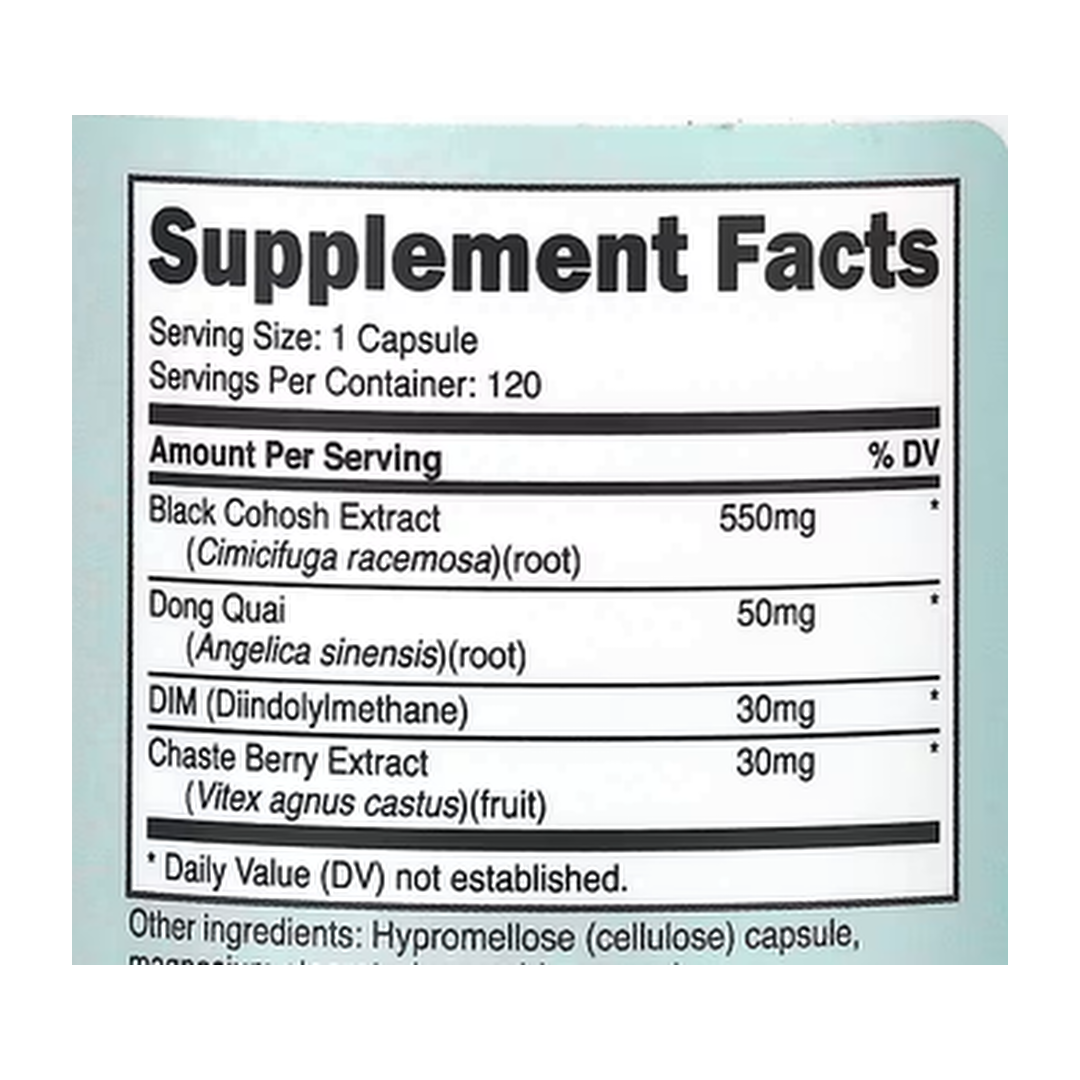 Nutricost, Women, Black Cohosh, 660 mg, 120 Capsules supplement facts label showing ingredients, vitamins, minerals, and serving information