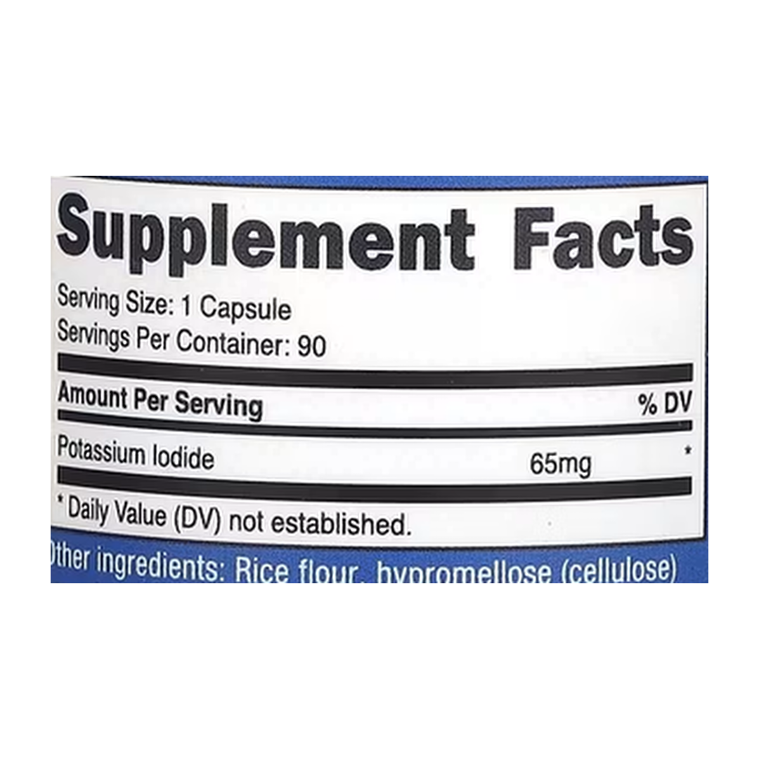 Nutricost, Potassium Iodide, 65 mg, 90 Capsules supplement facts label showing ingredients, vitamins, minerals, and serving information