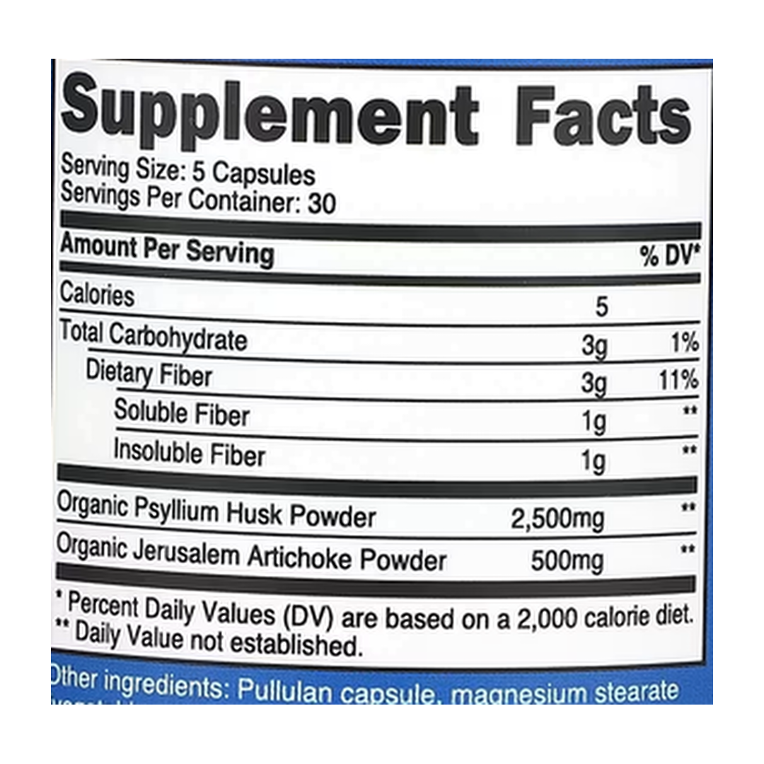 Nutricost, Fiber, 150 Capsules supplement facts label showing ingredients, vitamins, minerals, and serving information
